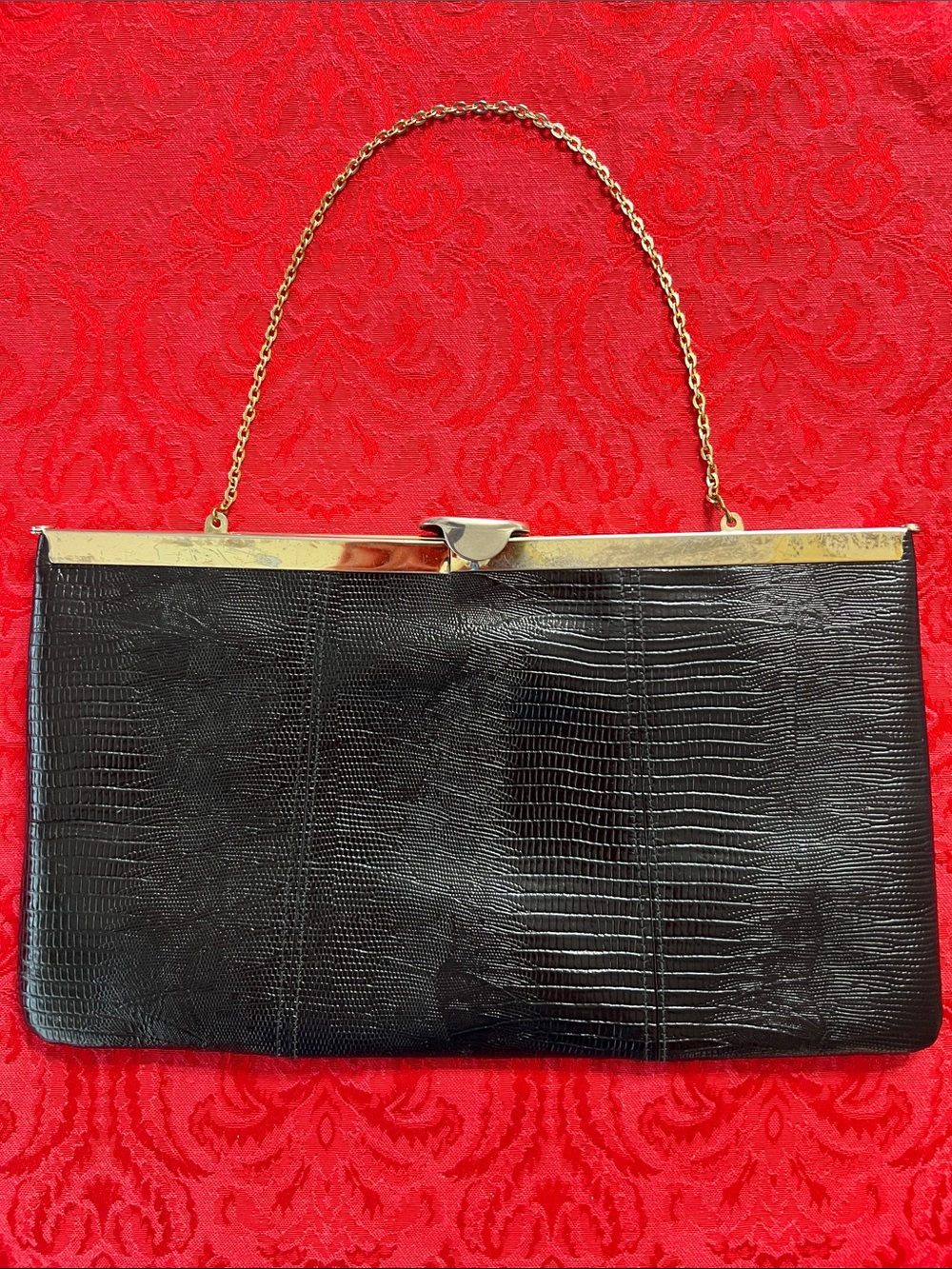 Vintage Etra Black Genuine Leather Evening Bag Gold Chain Frame Clutch